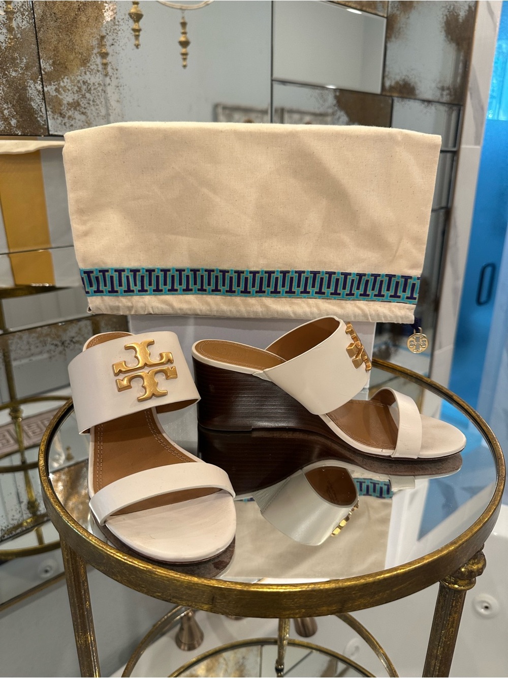Tory Burch Cream Leather Logo Wedge Sandals
